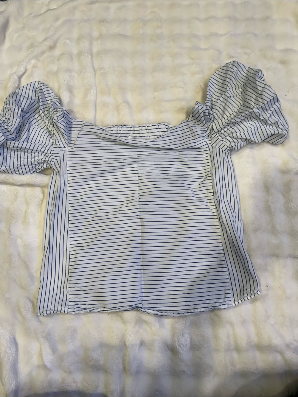 H&M Blue and White Striped Puff-Sleeve Square Neck Top